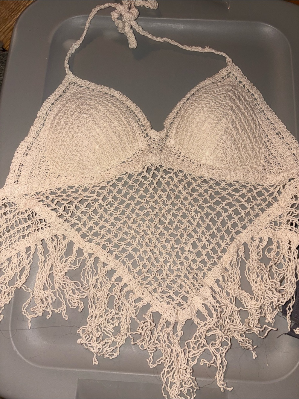Sans Souci Cream Crochet Fringe Halter Tank Top